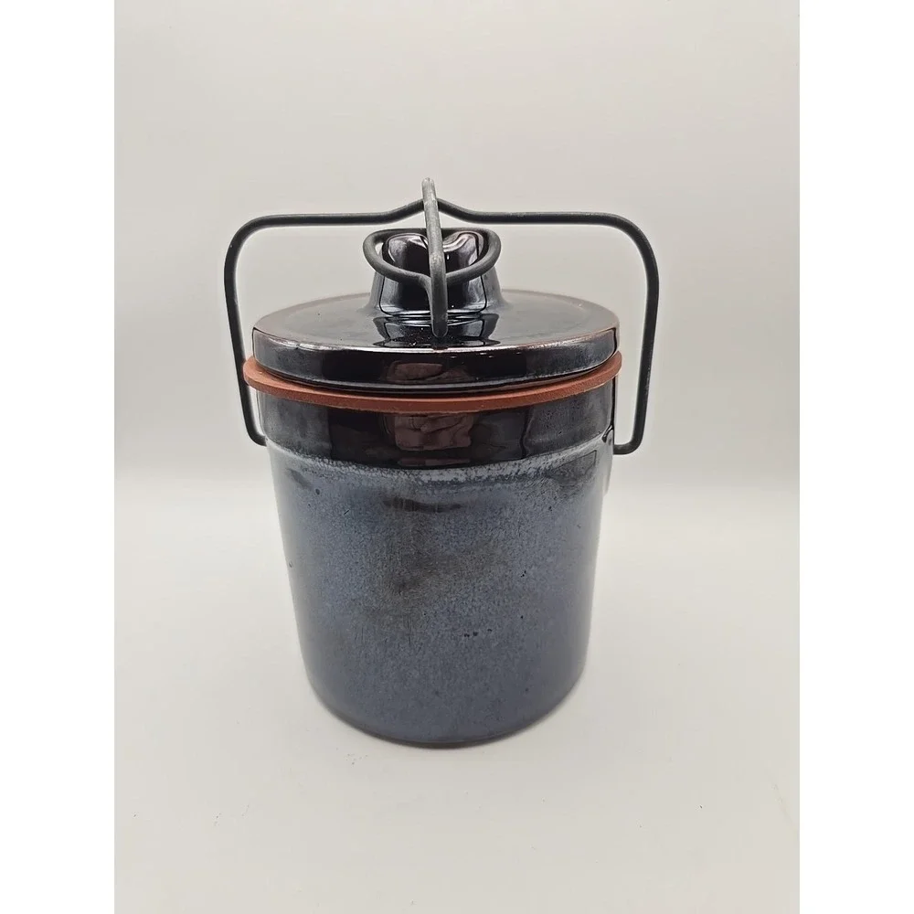 Vintage Brown Glazed Pottery Stoneware Cheese Crock with Clamp Lid Farmhouse USA
